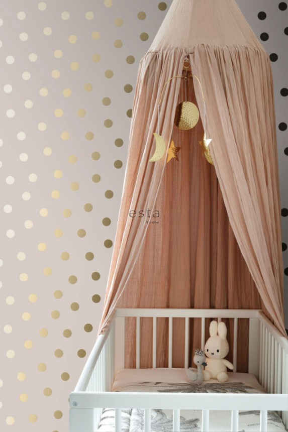 Old pink non-woven wallpaper with gold polka dots 139244, Forest Friends, Esta
