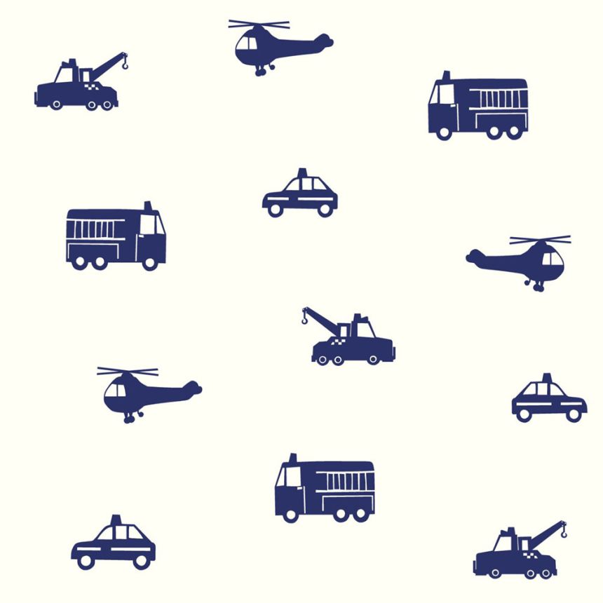 White-blue non-woven wallpaper for boys Cars, helicopters 137321, Little Bandits, Esta