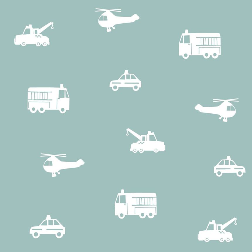 Turquoise non-woven wallpaper for boys Cars, helicopters 128864, Little Bandits, Esta