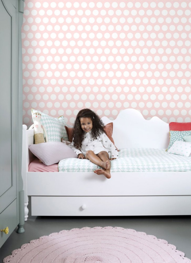 Pink non-woven wallpaper with white polka dots 128859, Little Bandits, Esta