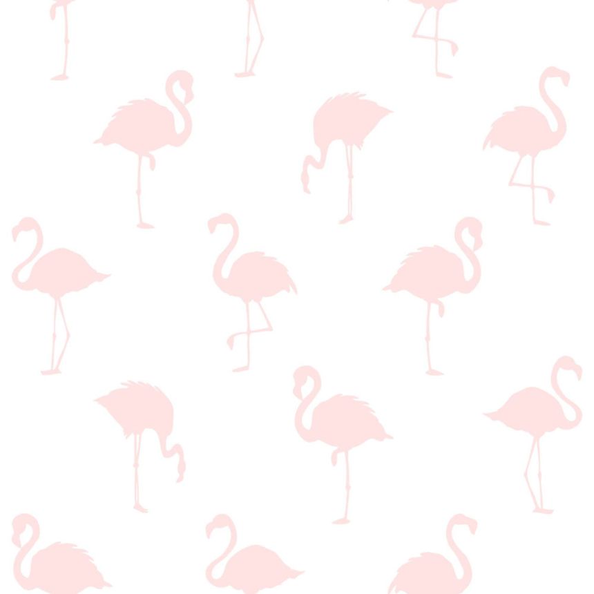 White non-woven wallpaper with pink flamingos 138918, Little Bandits, Esta