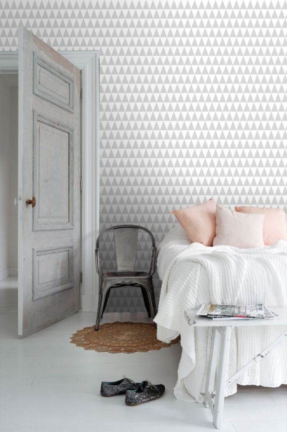 Non-woven wallpaper with gray and white triangles 128842, Little Bandits, Esta