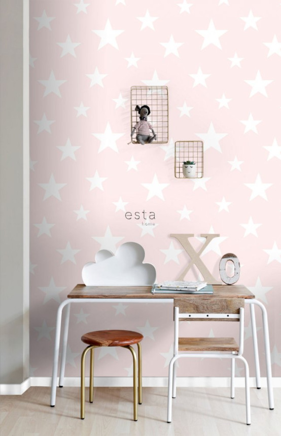 Non-woven wallpaper pink with white stars 138931, Little Bandits, Esta