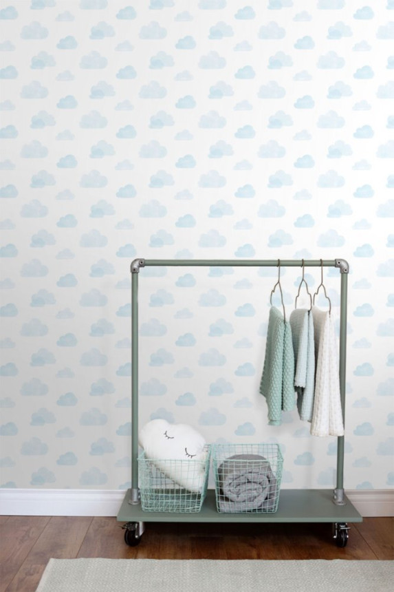 Non-woven white wallpaper with blue clouds 138930, Little Bandits, Esta