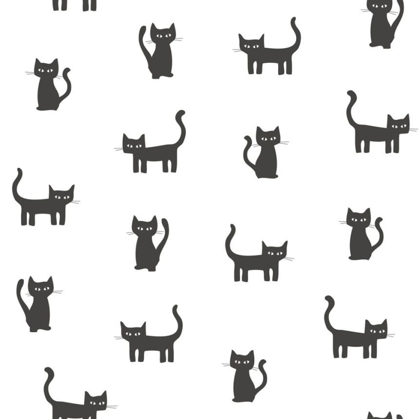 Non-woven white wallpaper with black cats 138928, Little Bandits, Esta