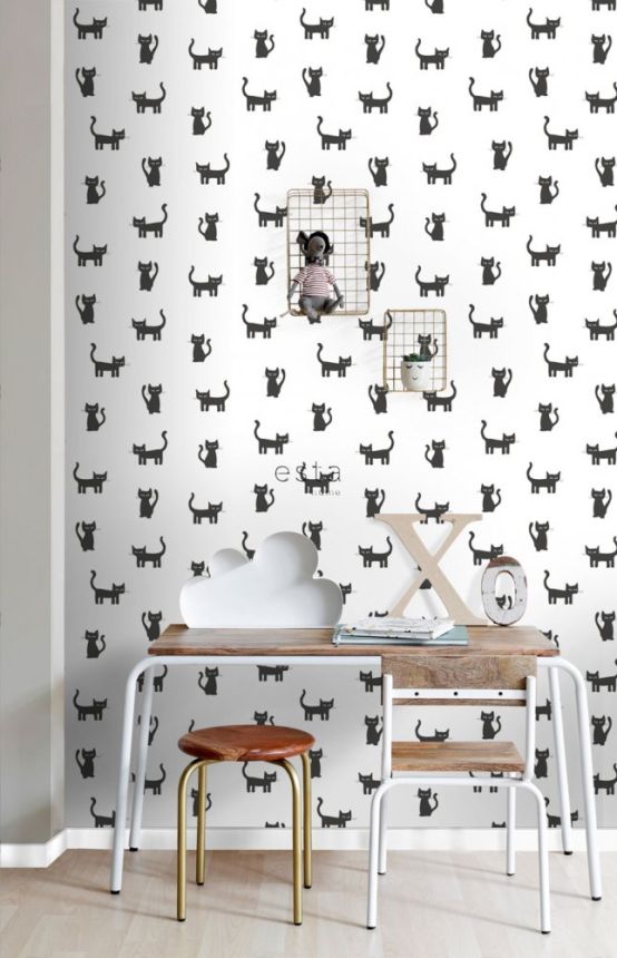 Non-woven white wallpaper with black cats 138928, Little Bandits, Esta