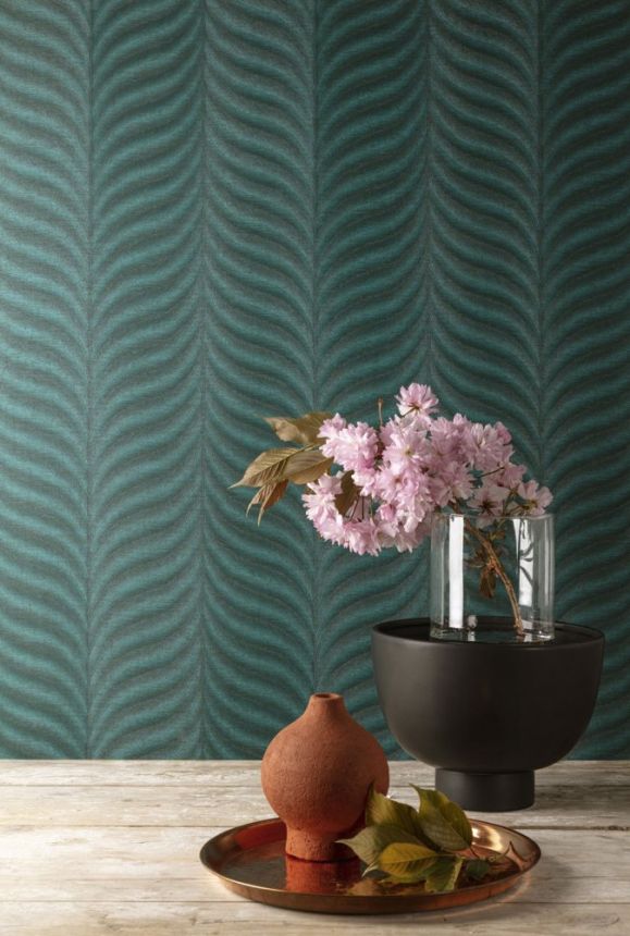 Non-woven wallpaper green, graphic pattern of feathers EE1304, Elementum, Grandeco