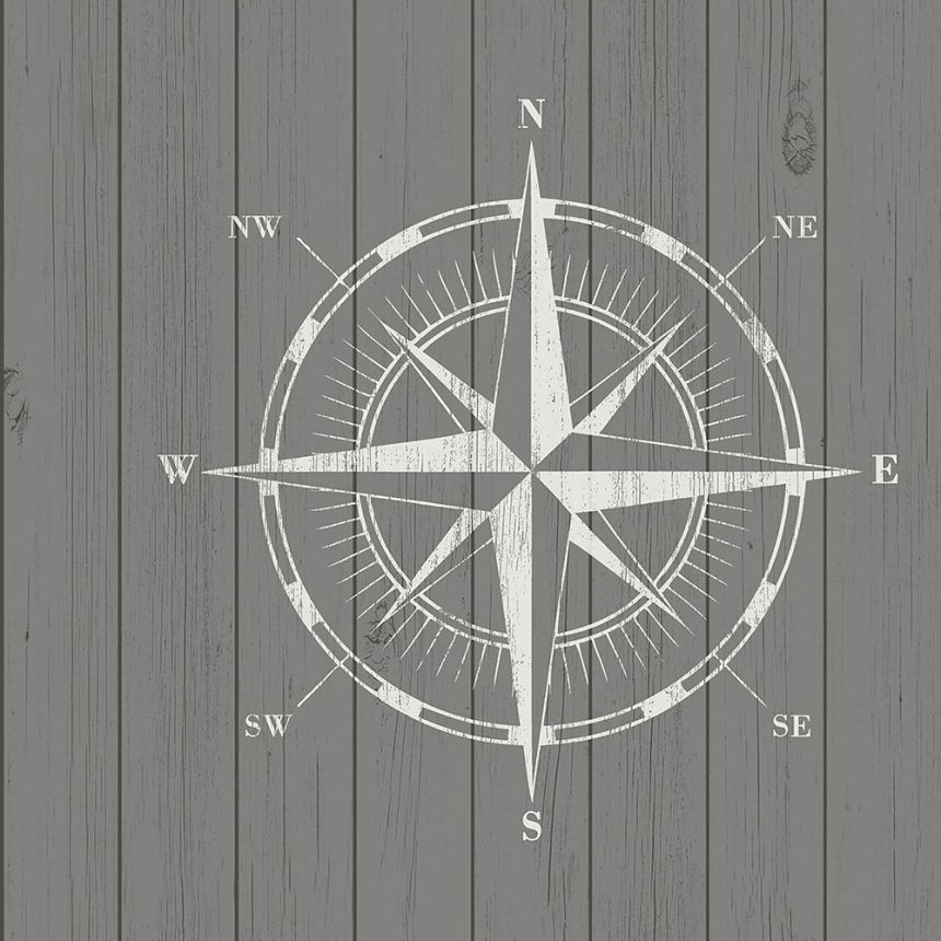 Non-woven wallpaper, compass on planks 138976, Regatta Crew, Esta Home
