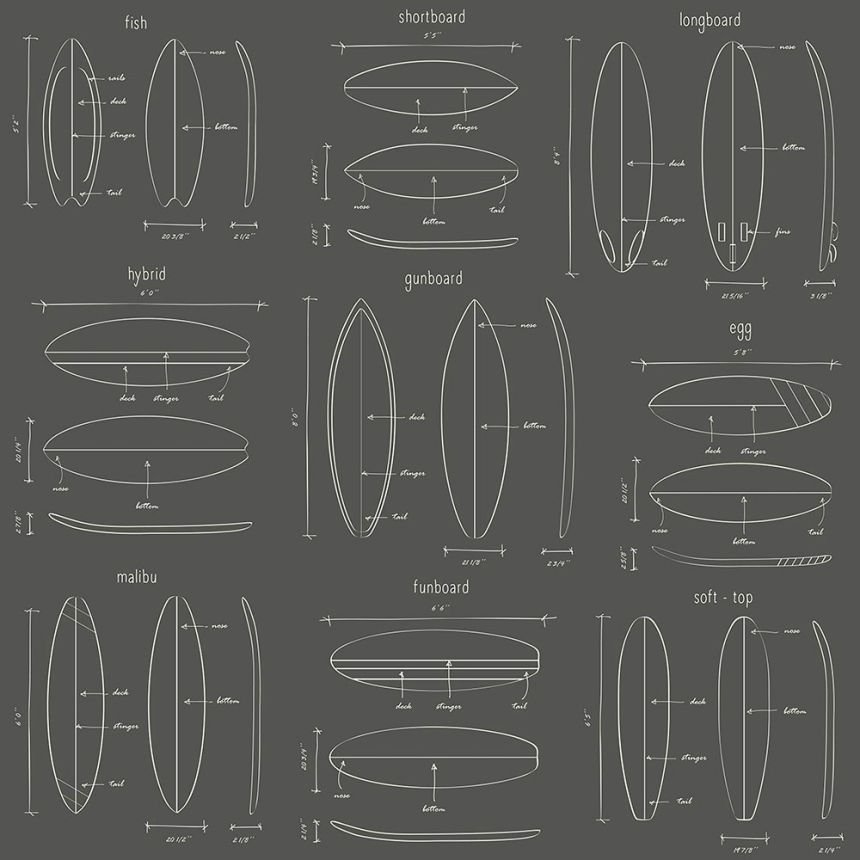 Black non-woven wallpaper with sketches of surfboards 128872, Regatta Crew, Esta Home