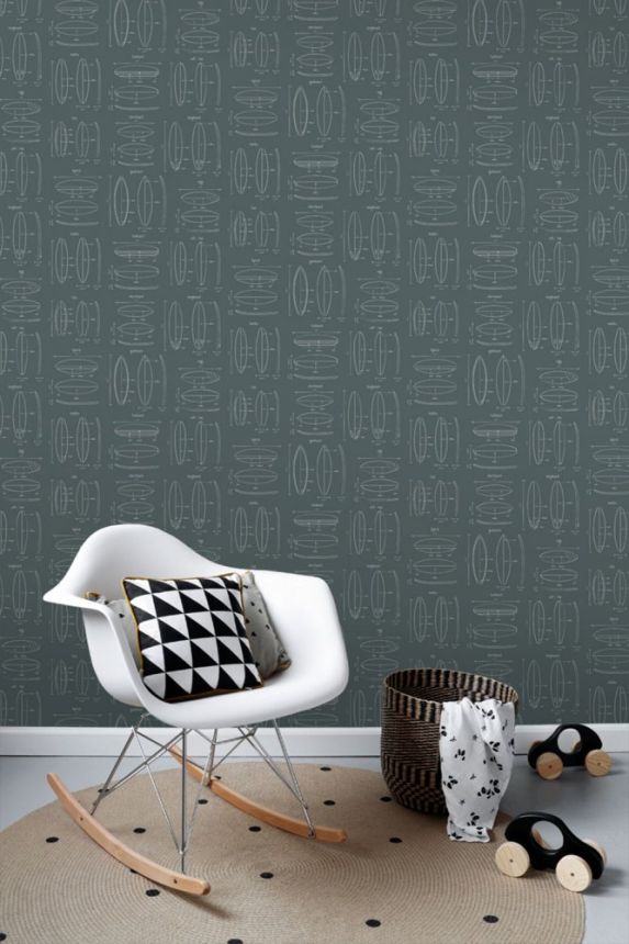 Teal non-woven wallpaper with surfboard sketches 128870, Regatta Crew, Esta