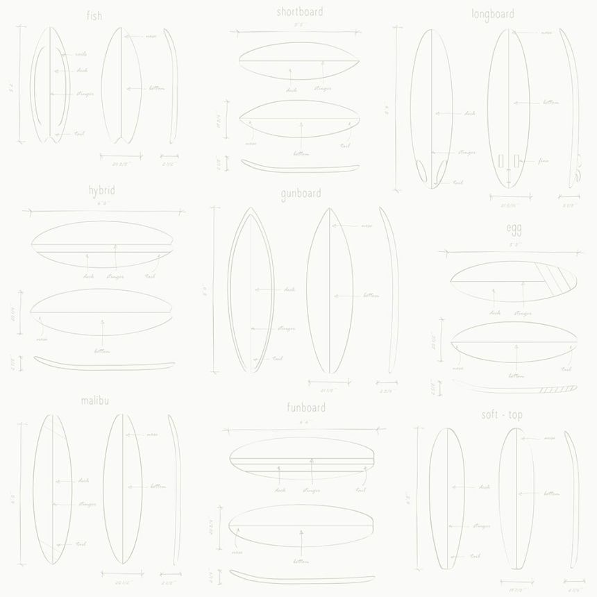 Natural non-woven wallpaper with surfboard sketches 128869, Regatta Crew, Esta