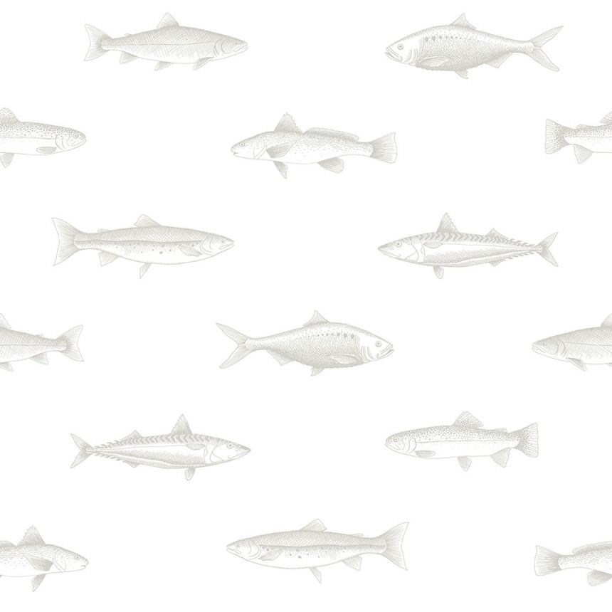 Non-woven white wallpaper with silver fish 138966, Regatta Crew, Esta