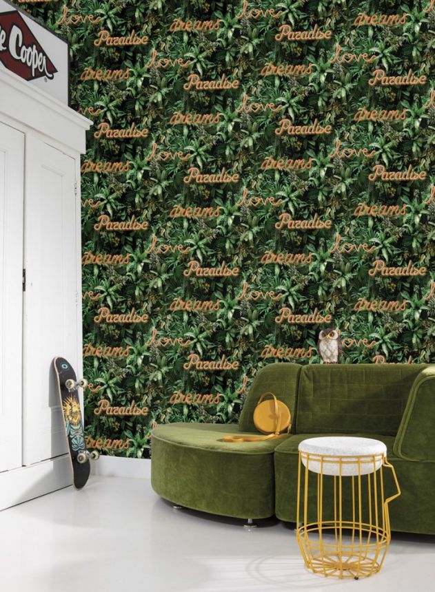 Non-woven tropical leaves wallpaper with neon texts GV24210, Good Vibes, Decoprint