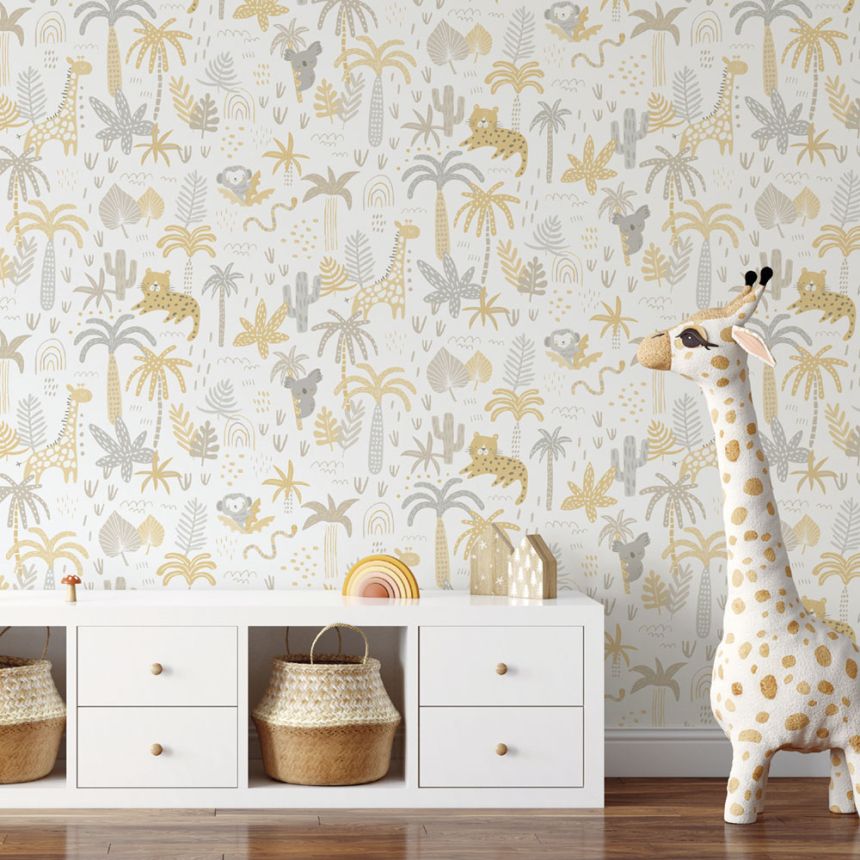 Paper children's wallpaper with animals, palm trees and leaves 454-1, Pippo, ICH Wallcoverings