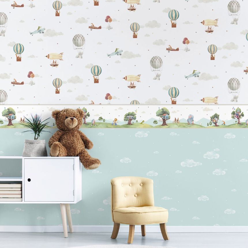 Paper children's wallpaper with animals, airplanes, balloons 456-2, Pippo, ICH Wallcoverings
