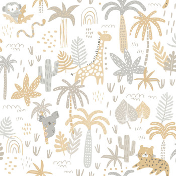 Paper children's wallpaper with animals, palm trees and leaves 454-2, Pippo, ICH Wallcoverings
