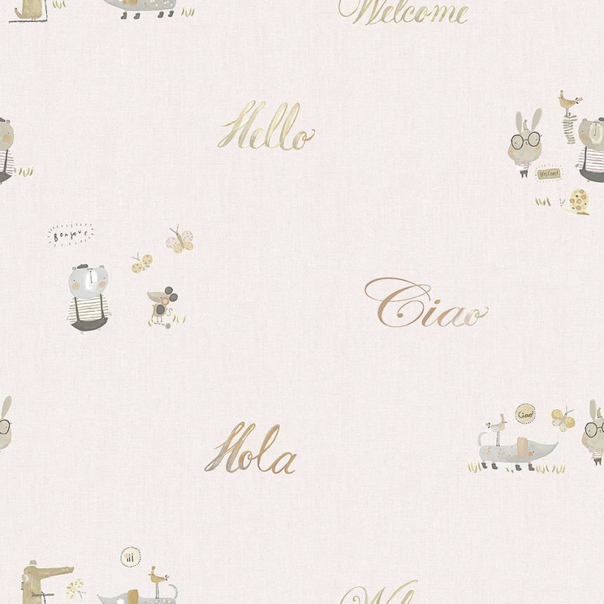 Cream paper children's wallpaper with animals and texts 3353-3, Oh lala, ICH Wallcoverings