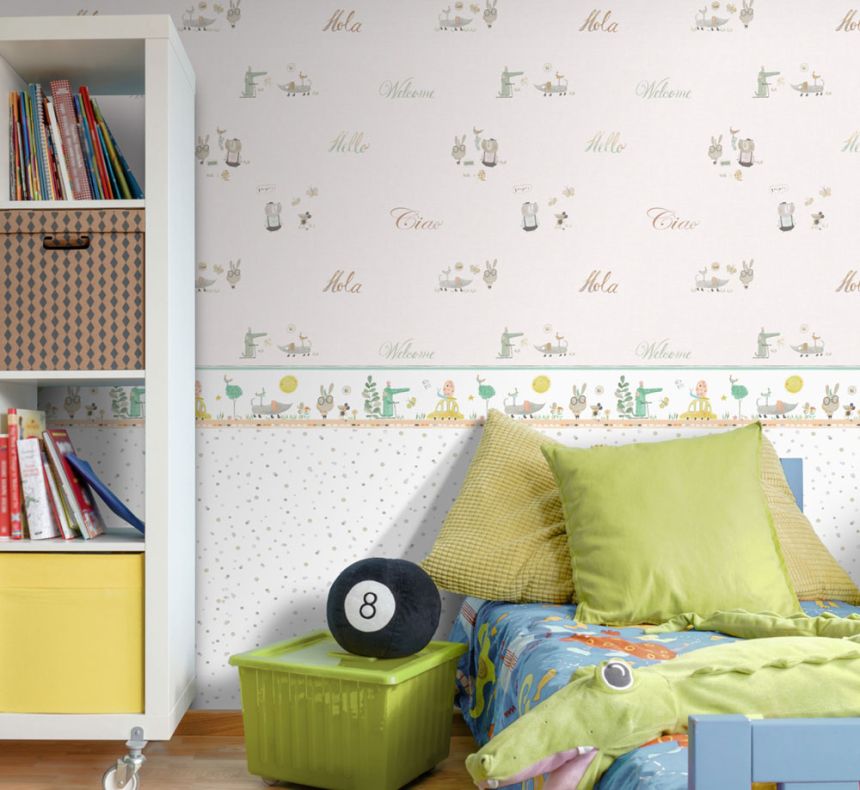Cream paper children's wallpaper with animals and texts 3353-3, Oh lala, ICH Wallcoverings