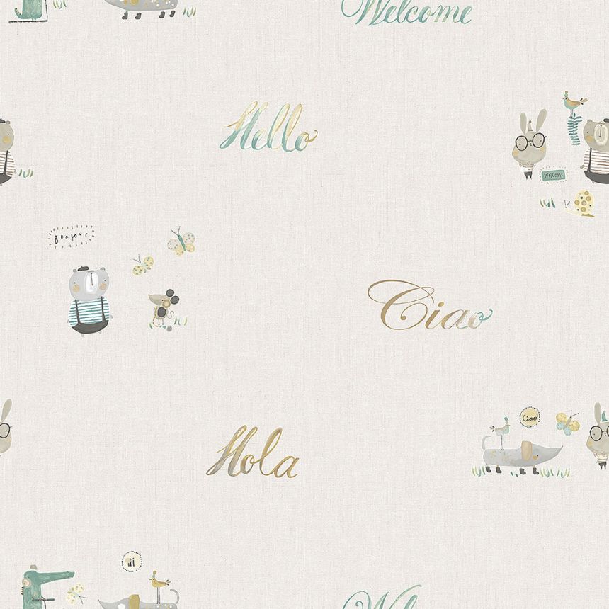 Paper children's wallpaper with animals and texts 3353-1, Oh lala, ICH Wallcoverings