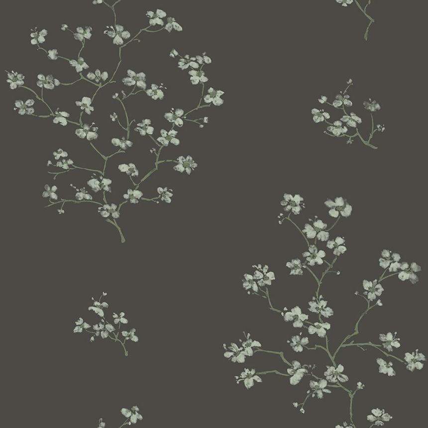 Dark grey non-woven wallpaper with blossoming branches 148737, Blush, Esta Home