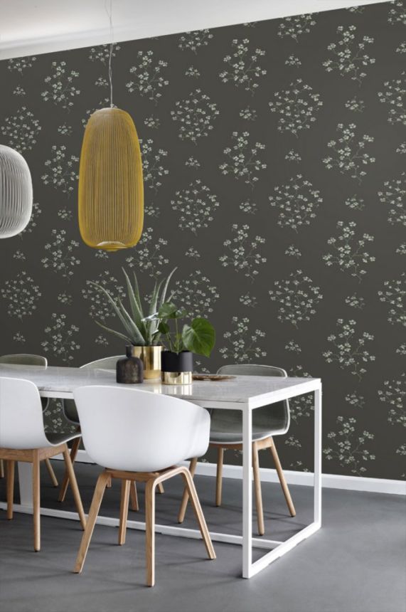 Dark grey non-woven wallpaper with blossoming branches 148737, Blush, Esta Home