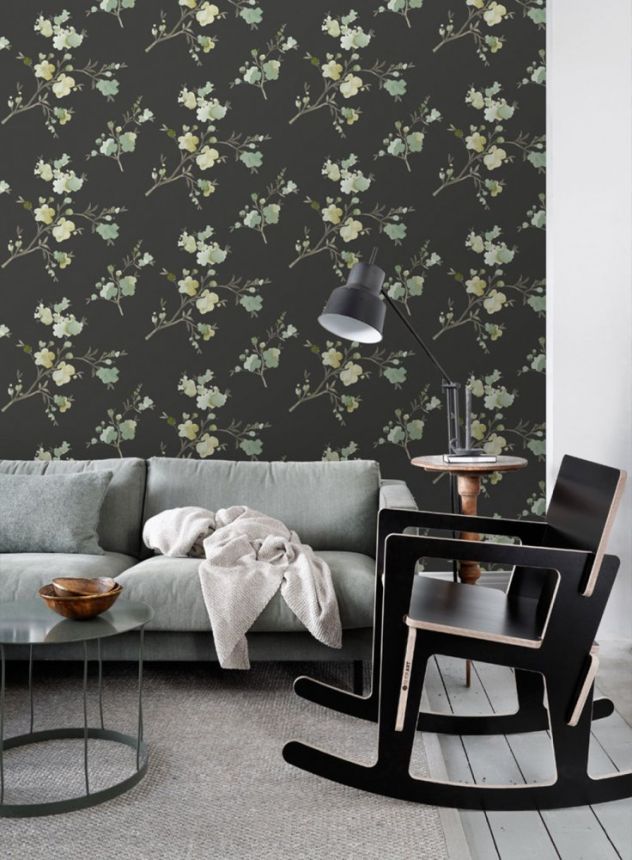 Black non-woven wallpaper with blossoming branches 148719, Blush, Esta Home