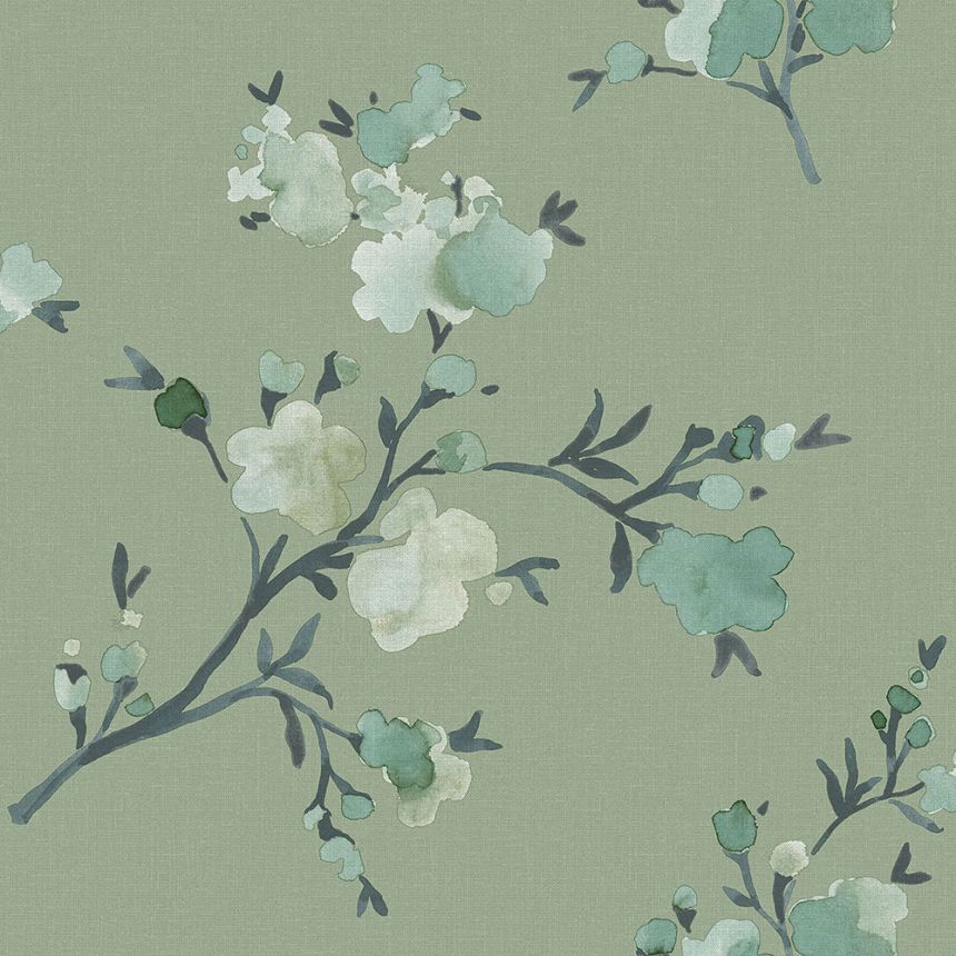 Non-woven wallpaper green with blossoming branches 148718, Blush, Esta Home