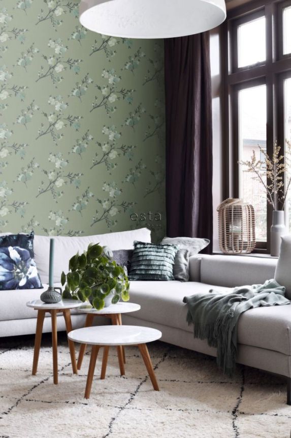Non-woven wallpaper with blossoming branches 148717, Blush, Esta Home