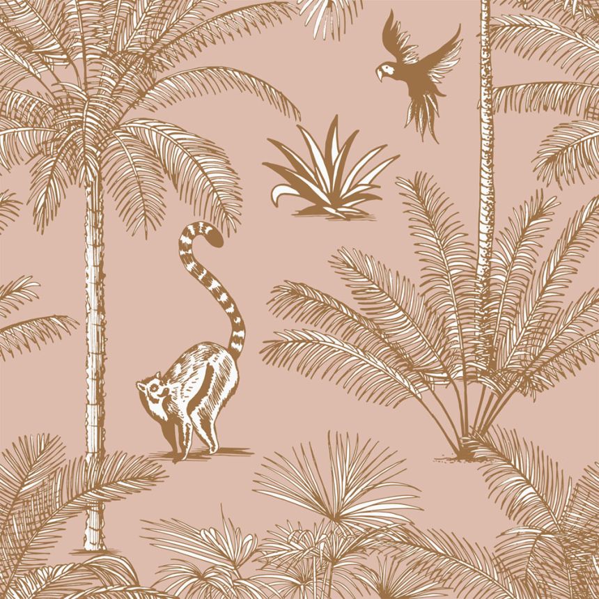 Pink non-woven wallpaper - monkeys, palm trees, tropical leaves, 158943, Paradise, Esta Home