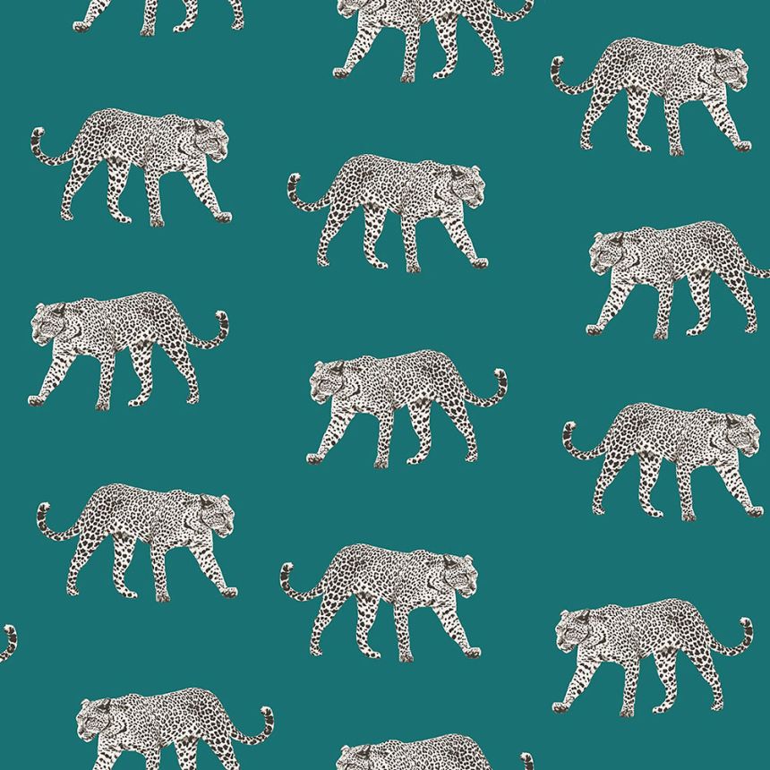 Non-woven turquoise wallpaper with leopards 139180, Paradise, Esta Home