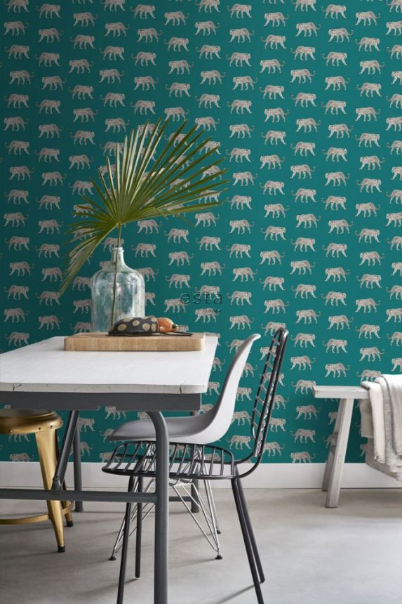 Non-woven turquoise wallpaper with leopards 139180, Paradise, Esta Home