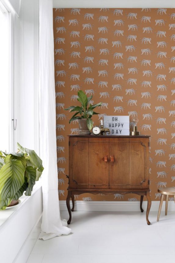 Non-woven brown wallpaper with leopards 139178, Paradise, Esta Home