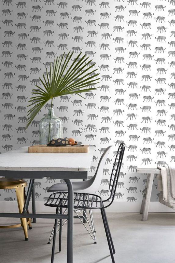 Non-woven black and white wallpaper with leopards 139176, Paradise, Esta Home