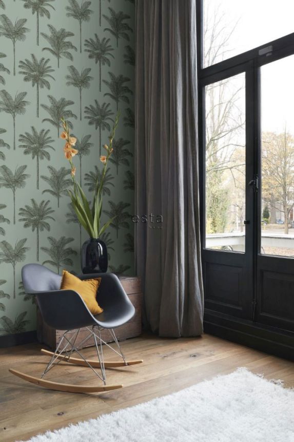 Non-woven green wallpaper with palm trees 139165, Paradise, Esta Home