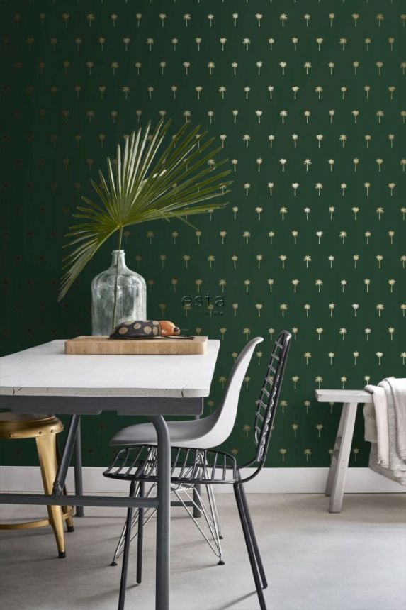 Non-woven green wallpaper with golden palm trees 139160, Paradise, Esta Home
