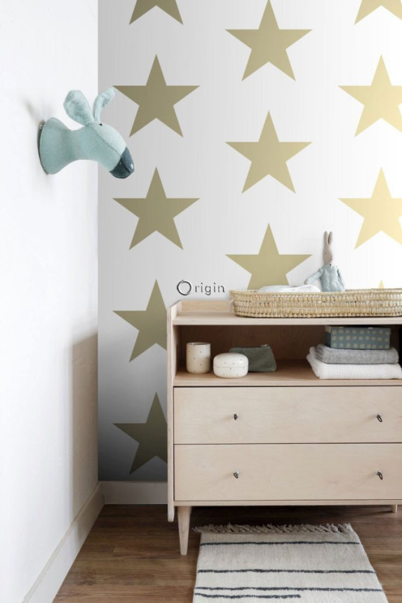 White non-woven wallpaper with gold stars 347671, Precious, Origin