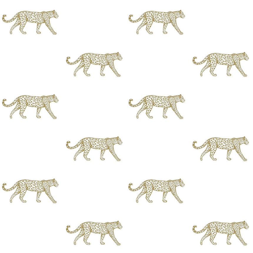 White non-woven wallpaper with golden leopards 347685, Precious, Origin