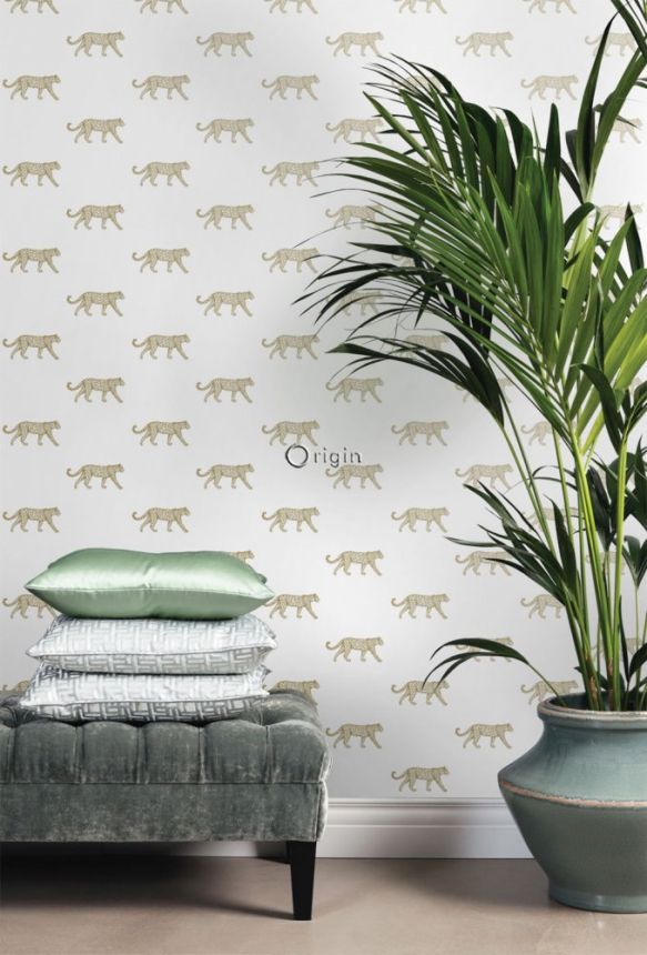 White non-woven wallpaper with golden leopards 347685, Precious, Origin