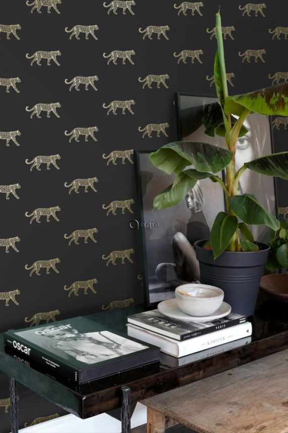 Black non-woven wallpaper with golden leopards 347686, City Chic, Precious, Origin