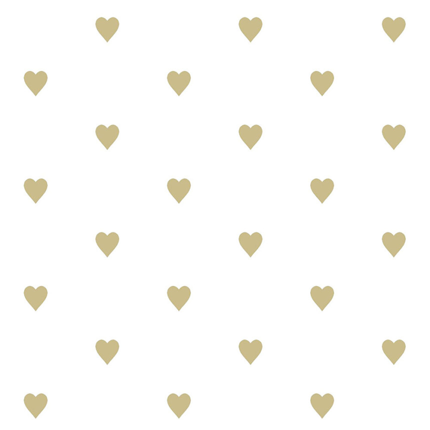 White non-woven  wallpaper with golden hearts 347679, Precious, Origin
