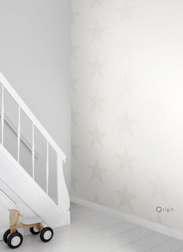 White non-woven wallpaper with beige stars 346824, Precious, Origin