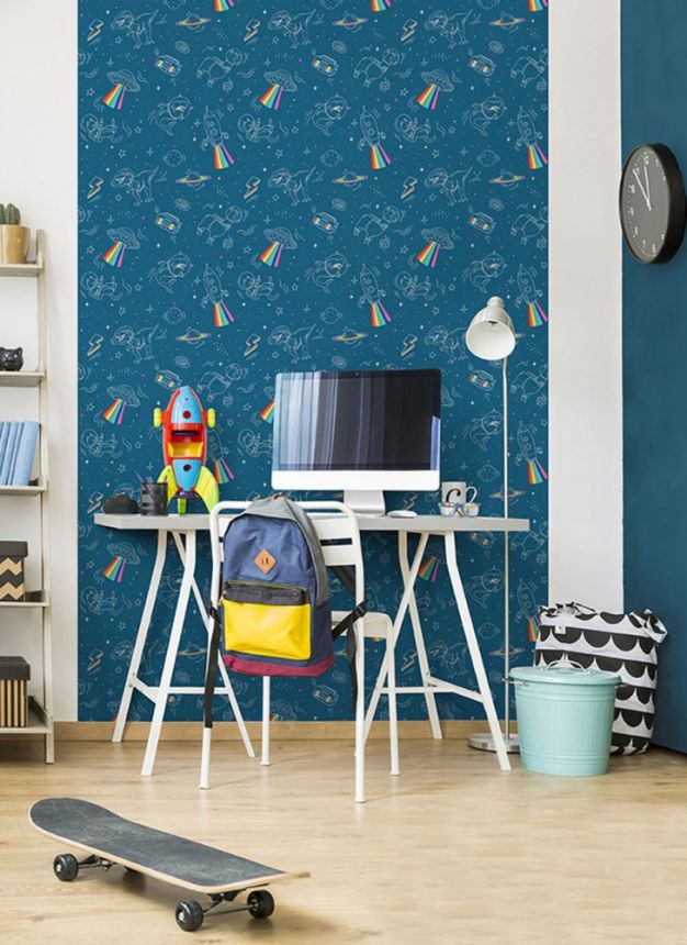 Non-woven blue children's wallpaper - animals and dinosaurs in space M36801, My Kingdom, Ugépa