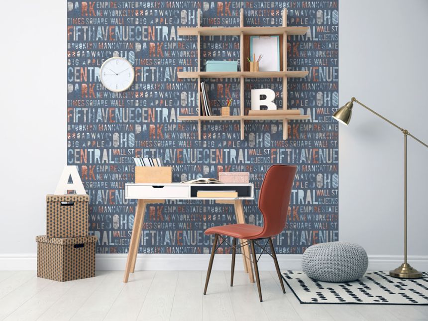 Non-woven blue washable wallpaper with texts - M50801, Loft, Ugépa