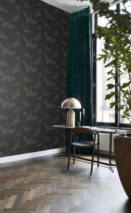Non-woven gray-black wallpaper - birds, cranes - fabric texture 347760, Natural Fabrics, Origin