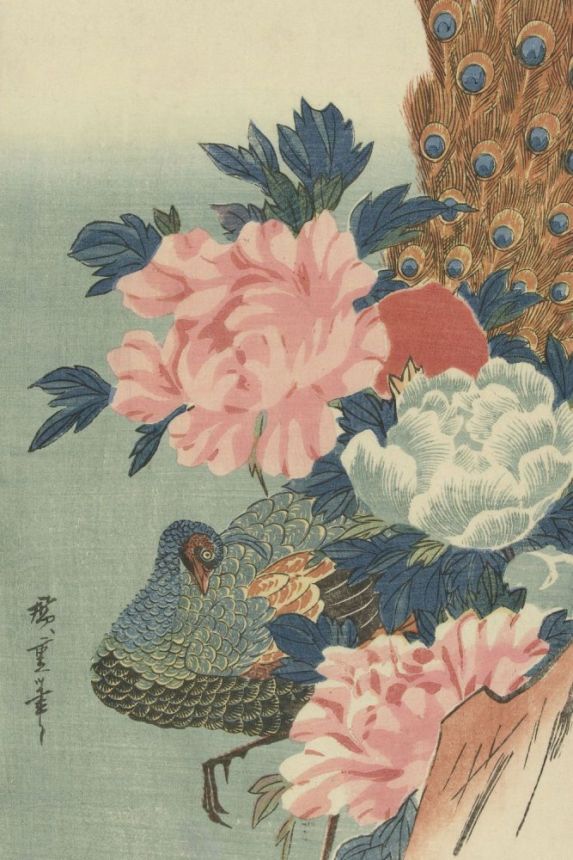 Non-woven wall mural with peacock and peonies 357233, 200 x 300 cm, Natural Fabrics, Origin