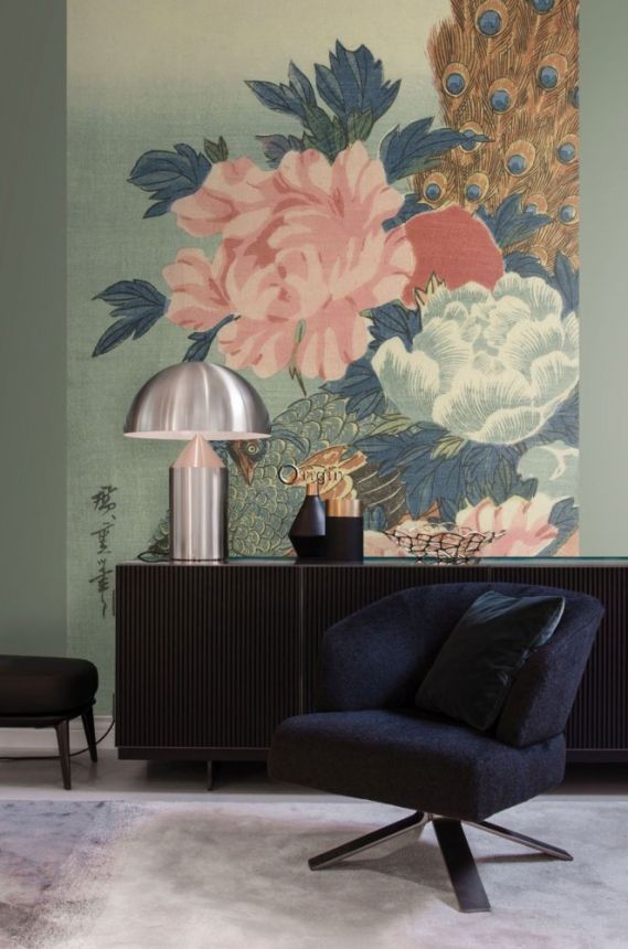 Non-woven wall mural with peacock and peonies 357233, 200 x 300 cm, Natural Fabrics, Origin