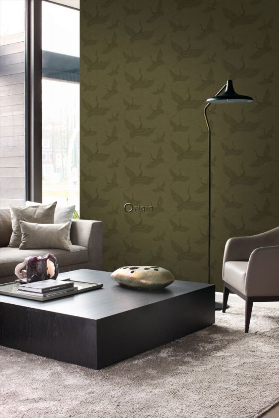 Non-woven green / khaki wallpaper - birds, cranes - fabric texture 347758, Natural Fabrics, Origin