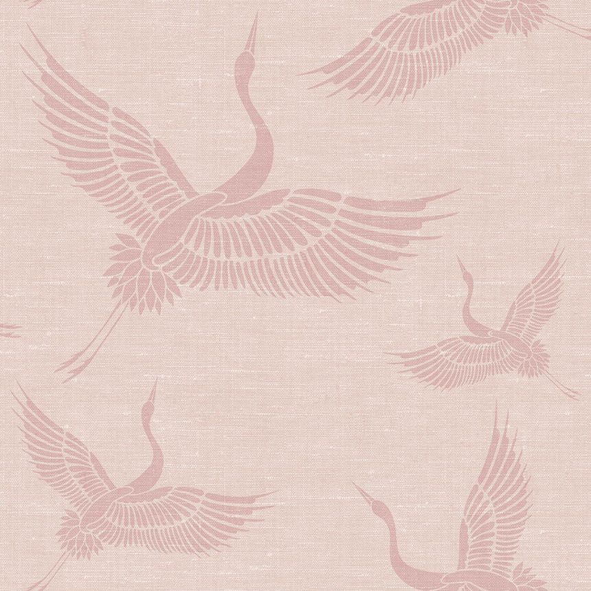 Non-woven pink wallpaper - birds, cranes - fabric texture 347757, Natural Fabrics, Origin