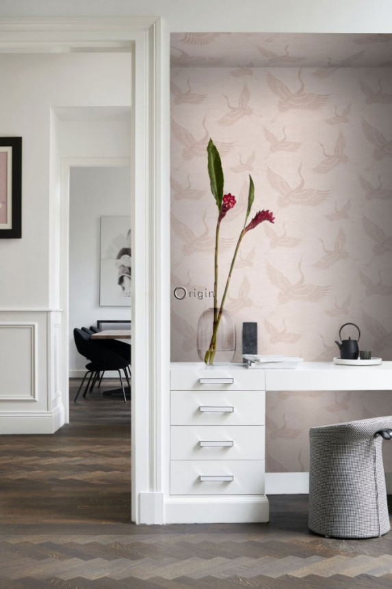 Non-woven pink wallpaper - birds, cranes - fabric texture 347757, Natural Fabrics, Origin