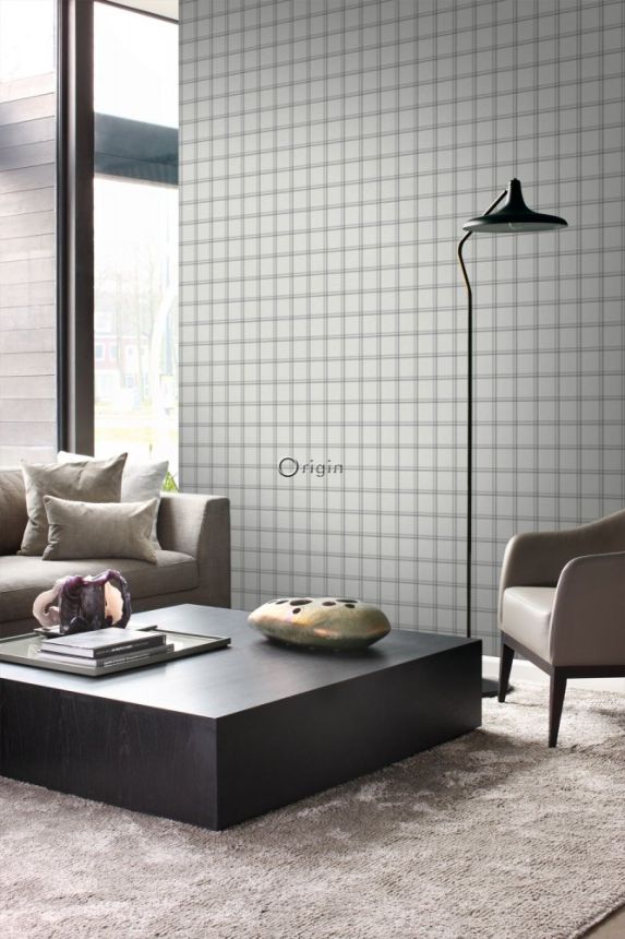 Non-woven wallpaper imitation fabric, gray checkered 347621, Natural Fabrics, Origin